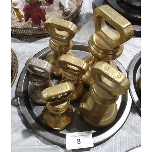 8 - Five vintage brass bell weights including Avery together with one other bell weight. UK shipping £14... 