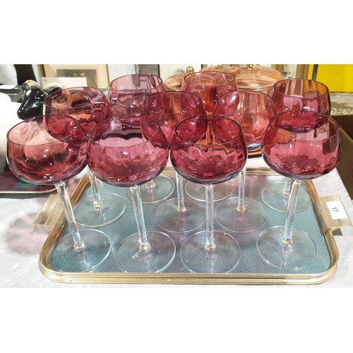 17 - Ten cranberry hock glasses. No shipping. Arrange collection or your own packer and shipper, please.