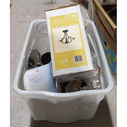 34 - A box of glass and china together with a new in packet ceiling light. No shipping. Arrange collectio... 