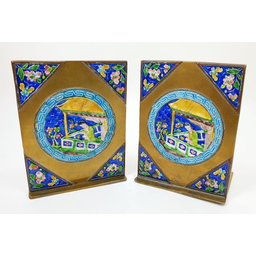 350 - A pair of antique Chinese brass and enamel bookends decorated with pagodas, figures and butterflies,... 