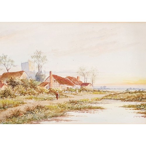 213 - Fredrick Richards: a watercolour drawing depicting figures and cottages, 9.5