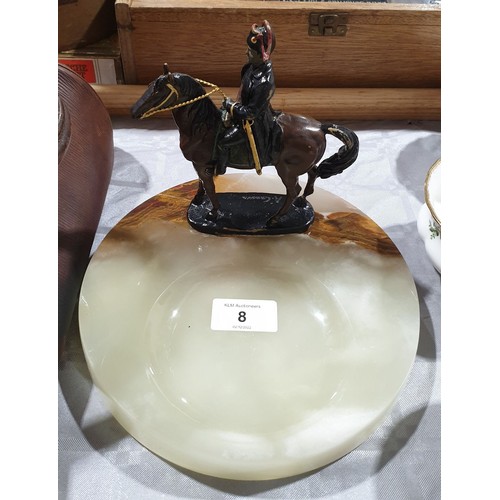 8 - An onyx ashtray with cold painted bronze figure of Napoleon on horseback, height 6.5