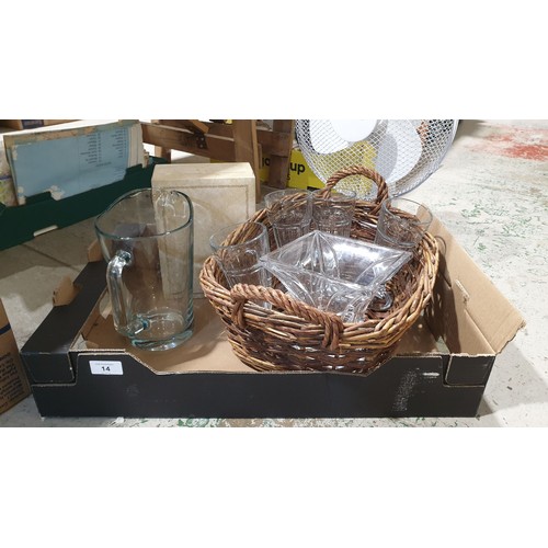 14 - A box including glassware, a wicker basket and a desk fan. No shipping. Arrange collection or your o... 