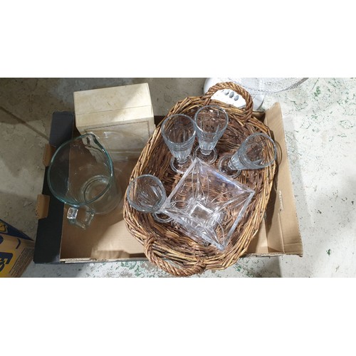 14 - A box including glassware, a wicker basket and a desk fan. No shipping. Arrange collection or your o... 