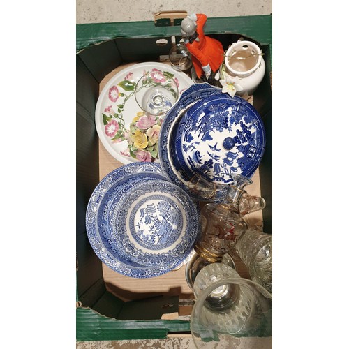 51 - A box of glass and ceramics including blue and white. No shipping. Arrange collection or your own pa... 