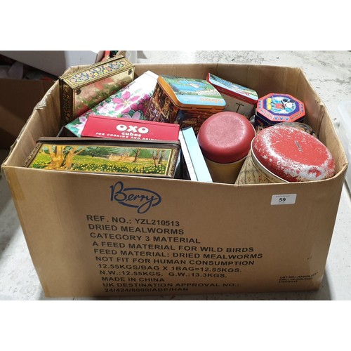 59 - A box of vintage and later tins including Worcester ware. No shipping. Arrange collection or your ow... 