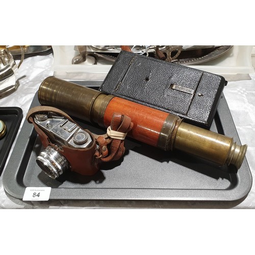 84 - An antique telescope A/F together with an Ensign folding camera A/F and a Halina 35X camera. UK ship... 