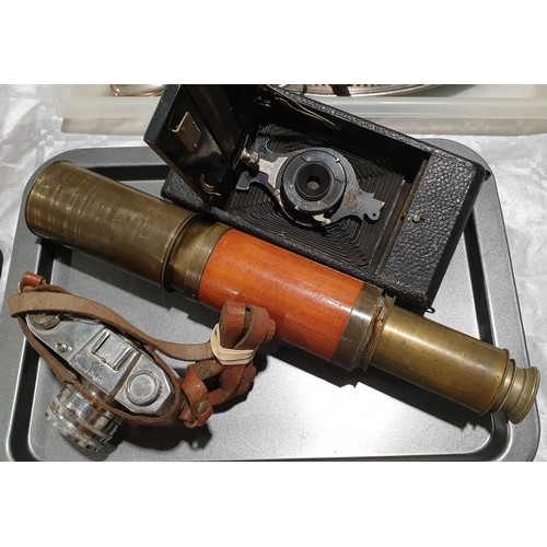 84 - An antique telescope A/F together with an Ensign folding camera A/F and a Halina 35X camera. UK ship... 