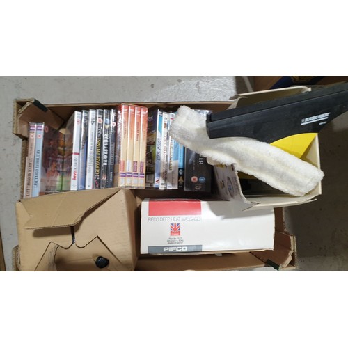 91 - A box of small electricals and DVDs. No shipping. Arrange collection or your own packer and shipper,... 