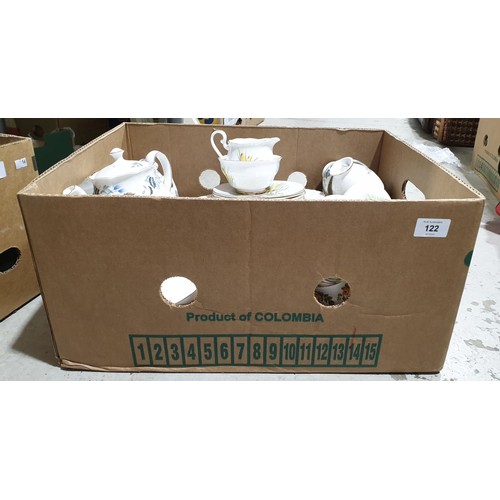 122 - A box of retro tea sets. No shipping. Arrange collection or your own packer and shipper, please.