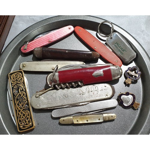 135 - A selection of penknives and enamel badges. UK shipping £14.