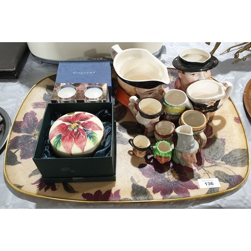 136 - Toby jugs, an Old Tupton Ware trinket box and a crystal tealight holder. No shipping. Arrange collec... 