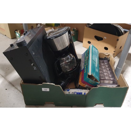 159 - A box of electricals including a Kenwood A-62 amplifier. No shipping. Arrange collection or your own... 