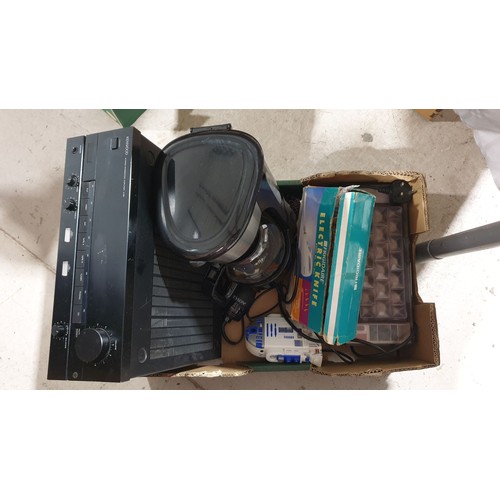 159 - A box of electricals including a Kenwood A-62 amplifier. No shipping. Arrange collection or your own... 