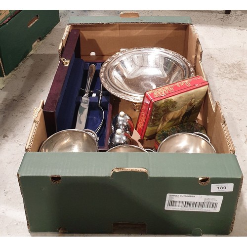 189 - A box of metalware. No shipping. Arrange collection or your own packer and shipper, please.