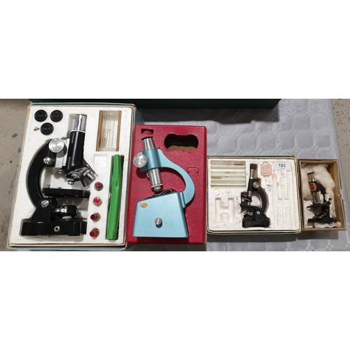 193 - Four vintage microscopes. UK shipping £14.