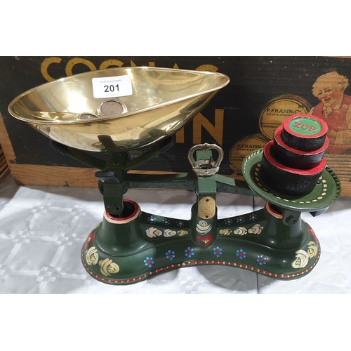 201 - A set of vintage cast iron barge ware scales and weights. UK shipping £14.