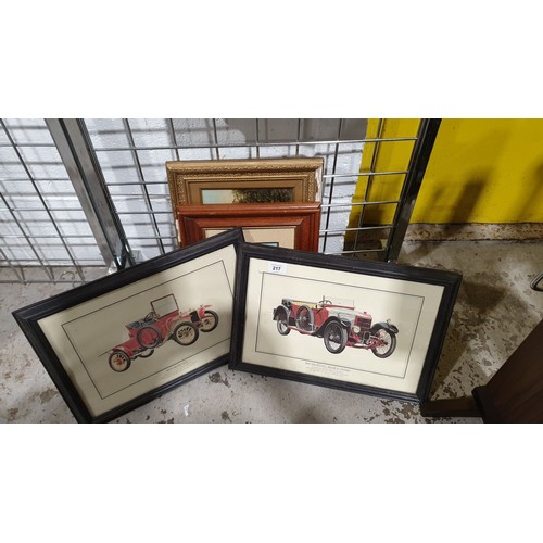 217 - Two framed vintage car pictures and two oil paintings. No shipping. Arrange collection or your own p... 