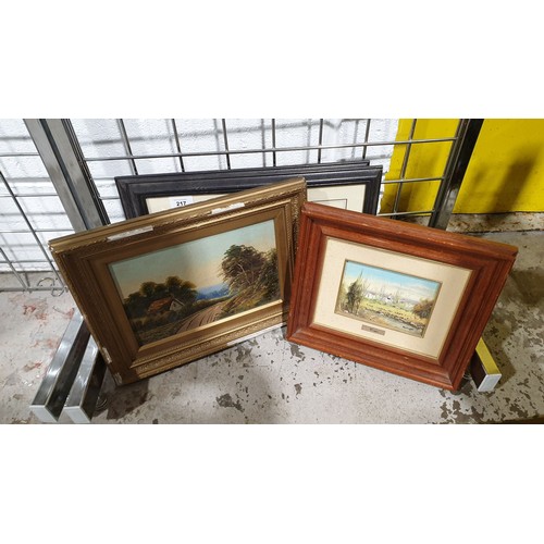 217 - Two framed vintage car pictures and two oil paintings. No shipping. Arrange collection or your own p... 