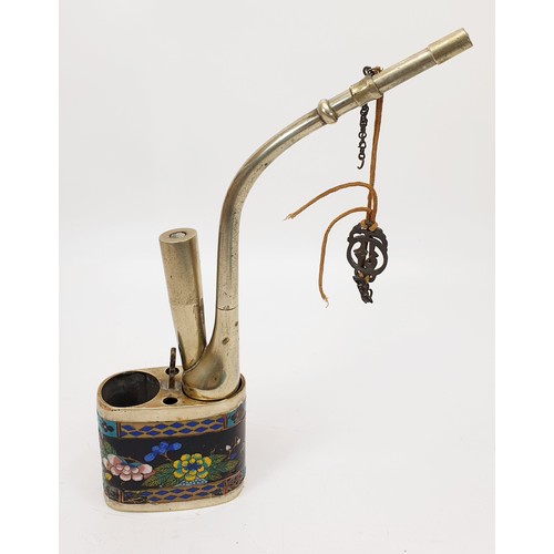 260 - An antique white metal and cloisonne opium pipe, marks to the base A/F, height 9.25