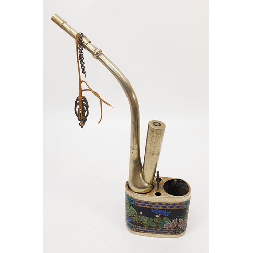 260 - An antique white metal and cloisonne opium pipe, marks to the base A/F, height 9.25