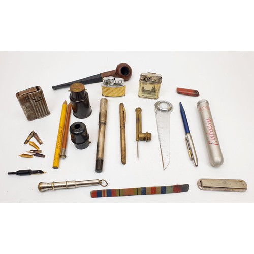 342 - A tray of collectables including a silver hallmarked fountain pen A/F, gold pen nibs and assorted. U... 