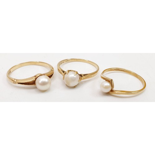 373 - Three hallmarked 9ct gold rings each set with a pearl, sizes N & M/N, total weight 4.1g. Uk shipping... 