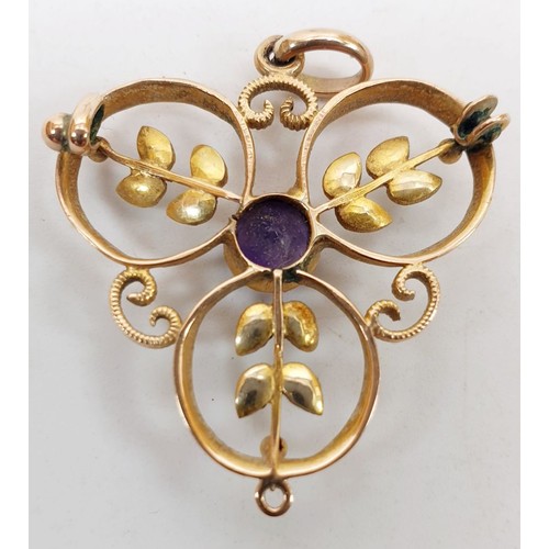 377 - An Edwardian yellow metal brooch/pendant set with an amethyst and seed pearls, A/F, weight 2.4g. UK ... 