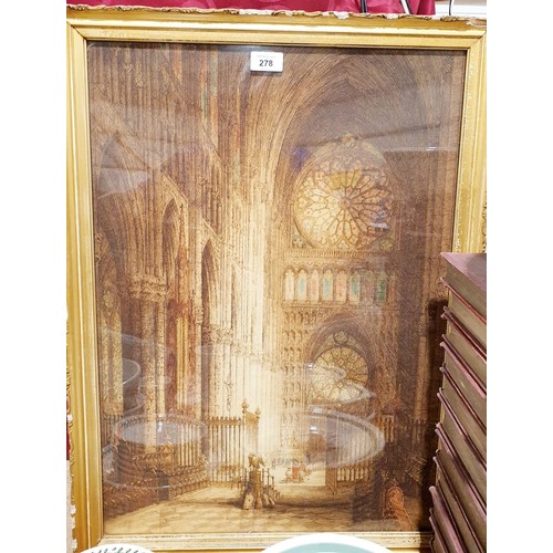 278 - A hand coloured etching depicting Rheims Cathedral, 25.25