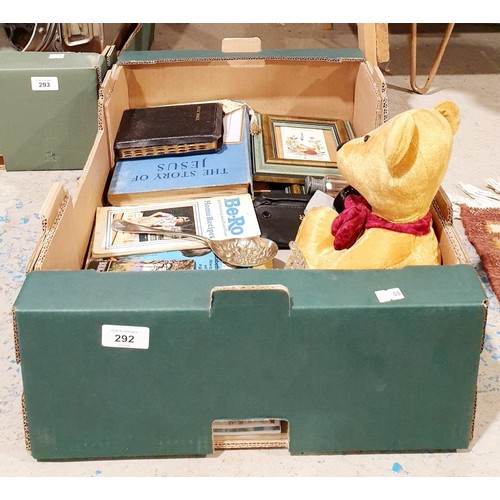 292 - A box of assorted including ephemera and a soft toy. No shipping. Arrange collection or your own pac... 