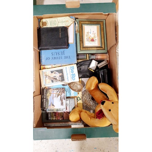 292 - A box of assorted including ephemera and a soft toy. No shipping. Arrange collection or your own pac... 