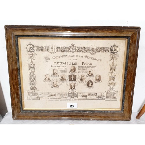 302 - A framed print commemorating the centenary of The Metropolitan Police 1829-1929, 10.25