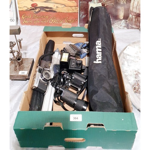 304 - An Olympus Trip 35 camera together with camera accessories and binoculars. No shipping. Arrange coll... 