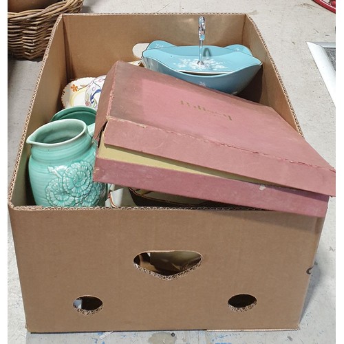 383 - A box of ceramics including a boxed Palissy set of coffee cans and saucers. No shipping. Arrange col... 