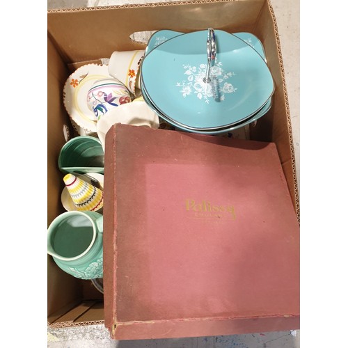 383 - A box of ceramics including a boxed Palissy set of coffee cans and saucers. No shipping. Arrange col... 