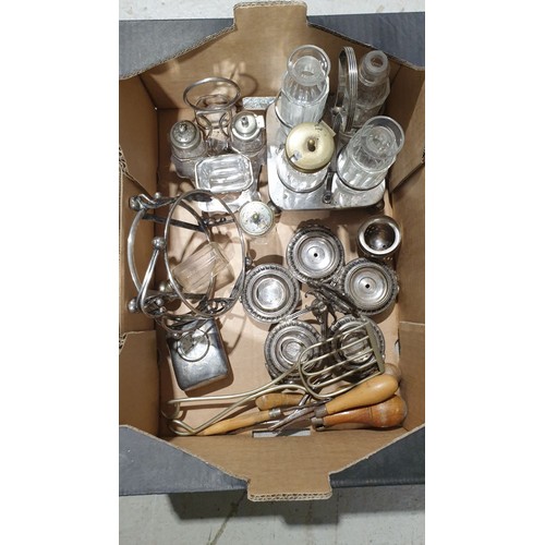 385 - A box of metalware including part cruet sets. No shipping. Arrange collection or your own packer and... 