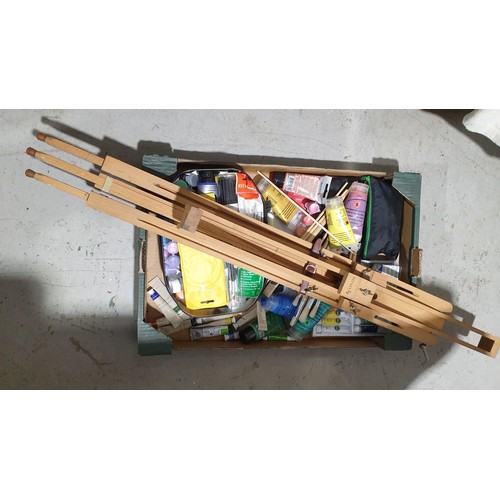 449 - A box of art materials and an easel. No shipping. Arrange collection or your own packer and shipper,... 