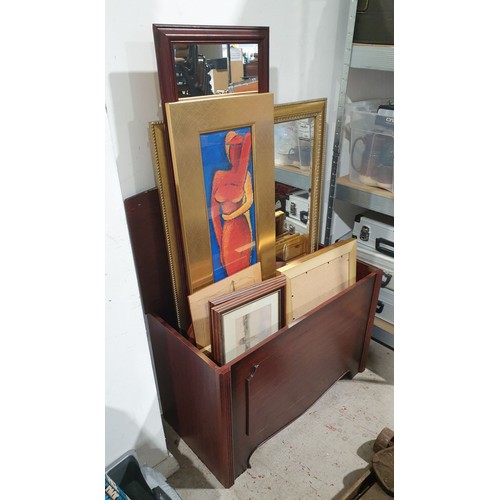 452 - A box of framed prints and mirrors. No shipping. Arrange collection or your own packer and shipper, ... 