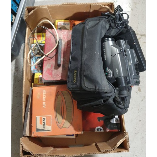 464 - A box of vintage car parts and accessories together with a video camera. No shipping. Arrange collec... 