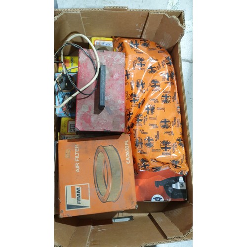 464 - A box of vintage car parts and accessories together with a video camera. No shipping. Arrange collec... 