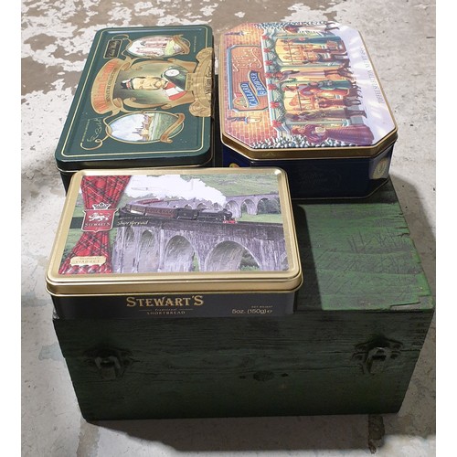 483 - A vintage wooden box with three tins. No shipping. Arrange collection or your own packer and shipper... 