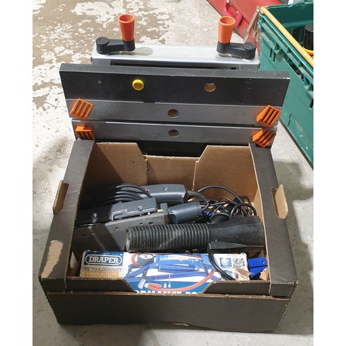 486 - A box of tools and table work piece clamp. No shipping. Arrange collection or your own packer and sh... 