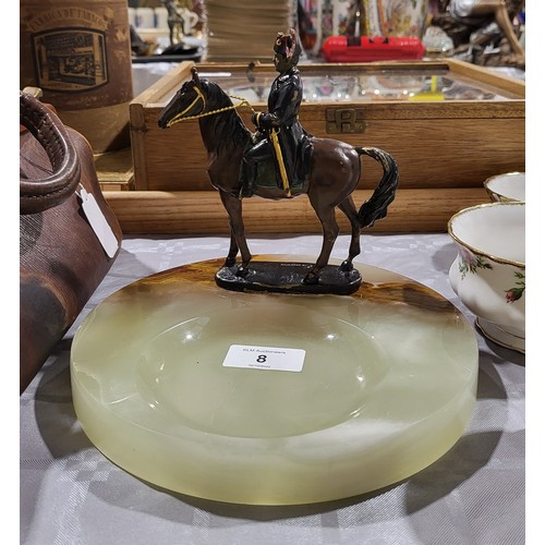 8 - An onyx ashtray with cold painted bronze figure of Napoleon on horseback, height 6.5