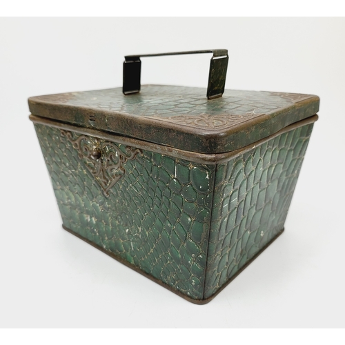 267A - An antique Huntley & Palmers Morocco green biscuit tin with a faux crocodile skin pattern finish, c.... 