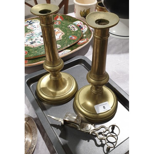 8 - A pair of antique brass candlesticks, height 9.5