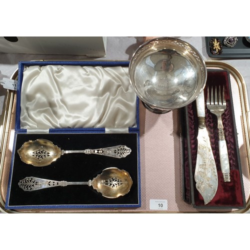 10 - Cased silver plated servers and a silver plated footed dish. UK shipping £14.