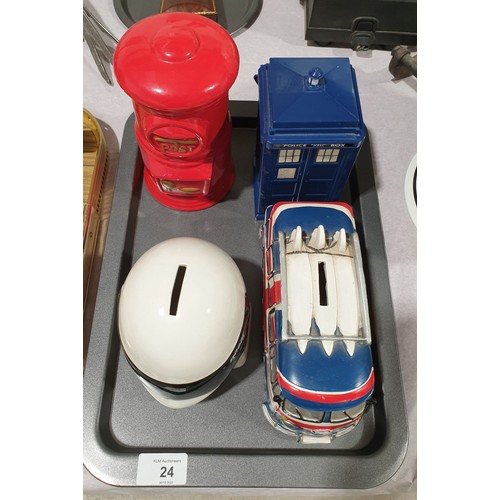 24 - Four money boxes. No shipping. Arrange collection or your own packer and shipper, please.