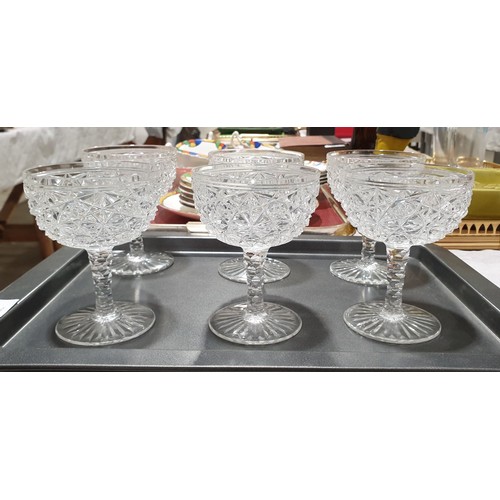 28 - Six cut glass champagne glasses. No shipping. Arrange collection or your own packer and shipper, ple... 