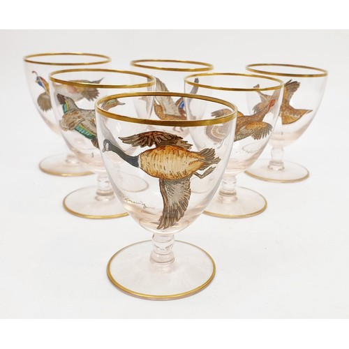 129 - Cyril Gorainoff: six vintage glass goblets each hand painted with a game bird, five signed, one glas... 
