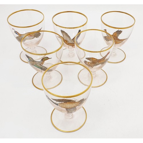 129 - Cyril Gorainoff: six vintage glass goblets each hand painted with a game bird, five signed, one glas... 